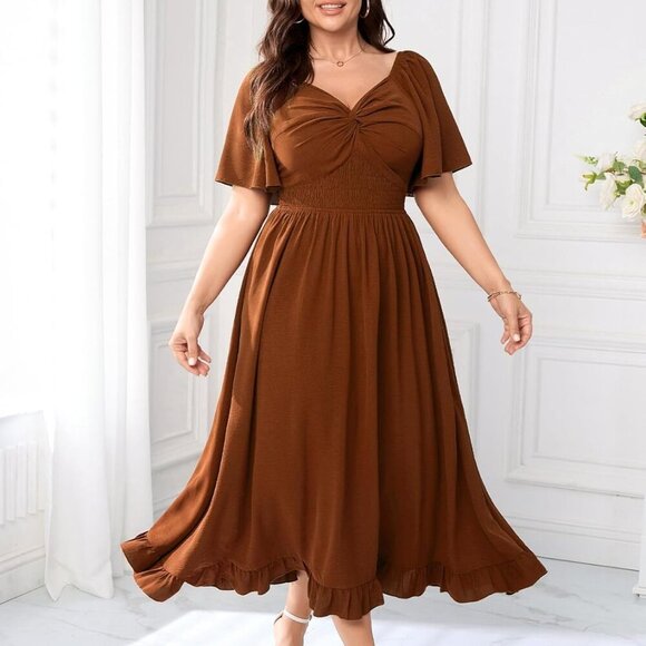 Plus Size Maxi Dress Flowy A-Line Summer Formal Beach V Neck Flutter Sleeve - Picture 2 of 5